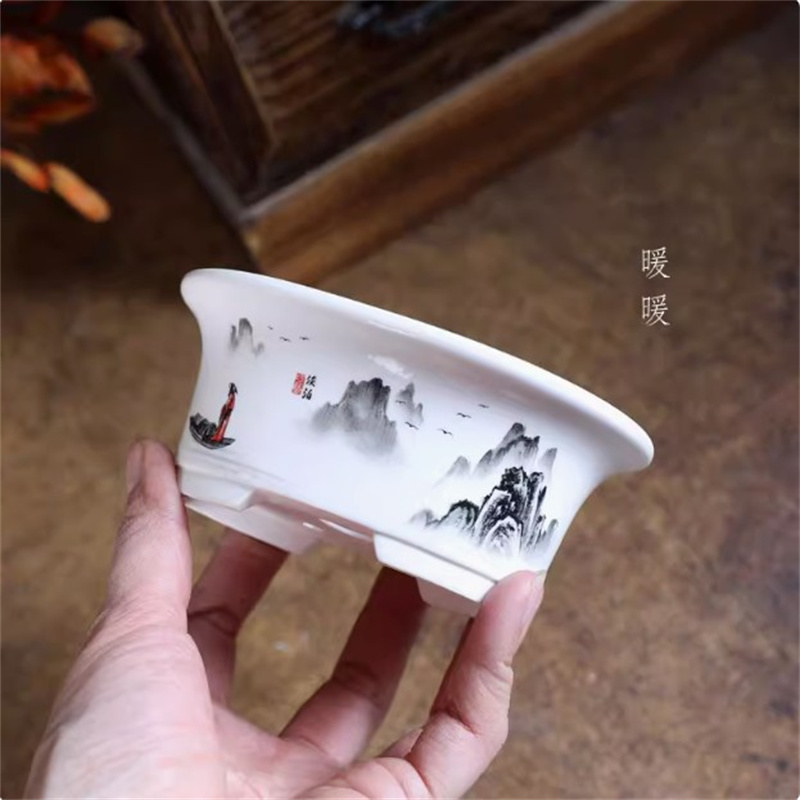 Bonsai Garden Desk - 磁器白楕円形盆栽ポット、ミニポット、ラウンド、小さな花瓶、寮の植栽、デスクテーブル、庭の装飾