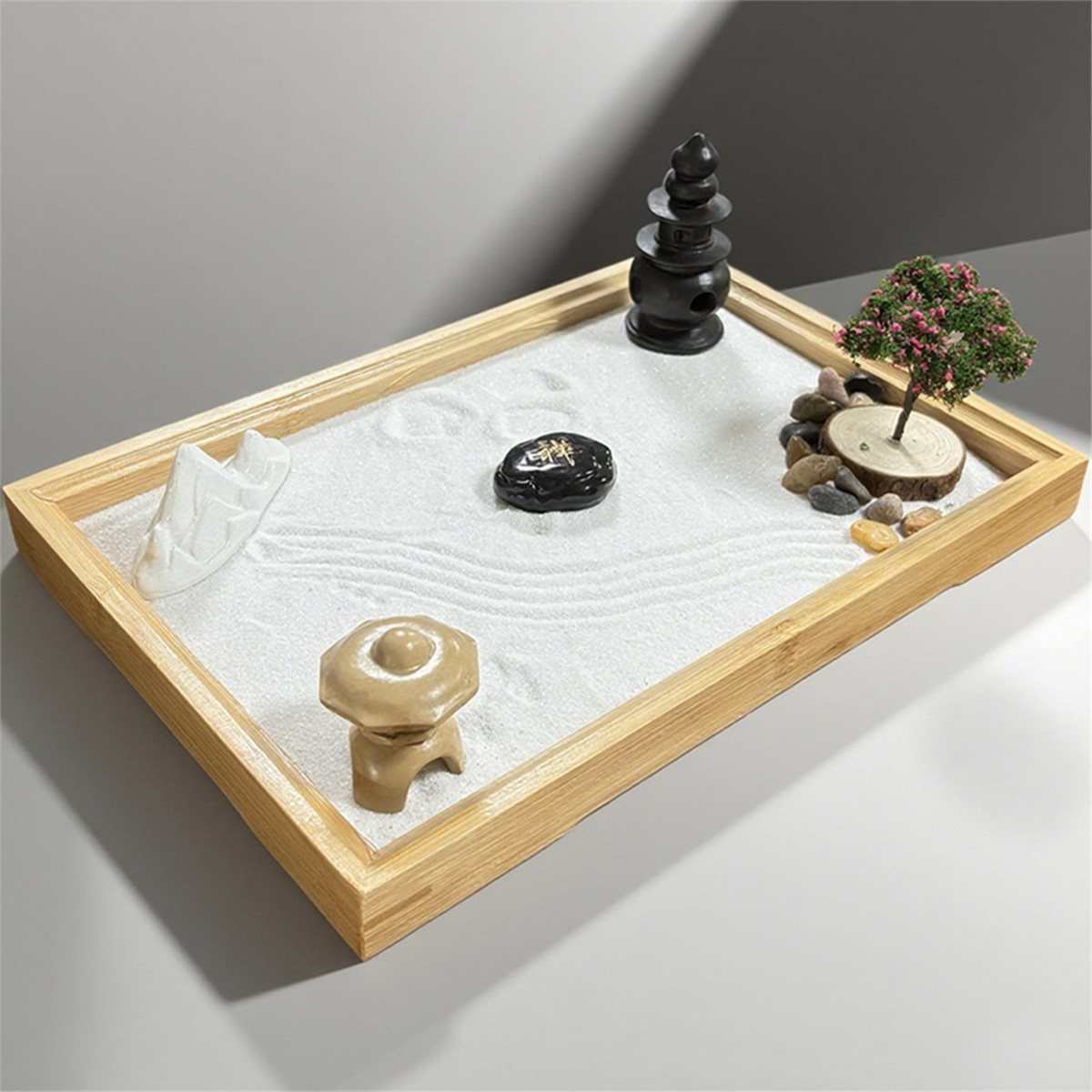 Bonsai Garden Desk - 618メガセール 日本庭園風デスク用白砂、人工盆栽、石、熊手、ギフト、砂キット、オフィスデコレーション