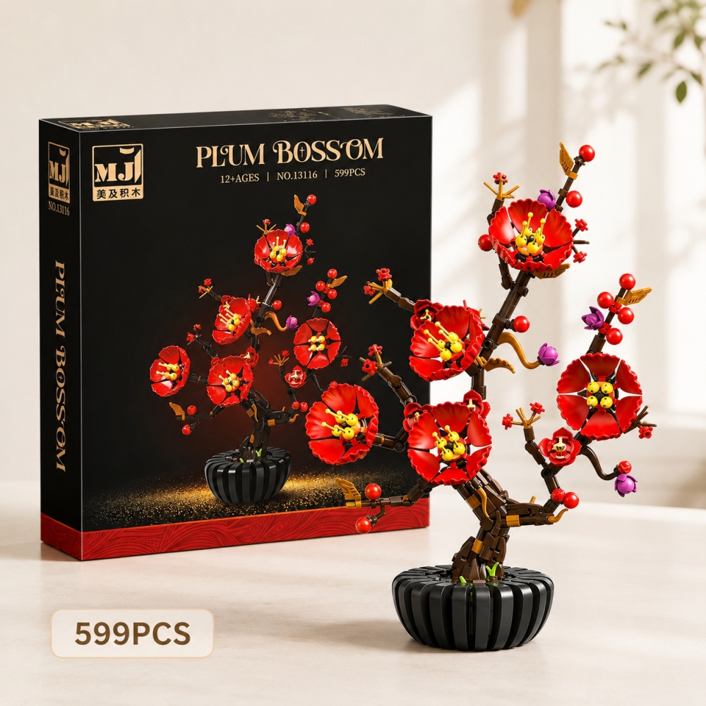 Bonsai Garden Lego - 梅の花盆栽ビルディングブロック、599個の花束セット、詳細な植物ブリック、デスクトップオーナメントギフト