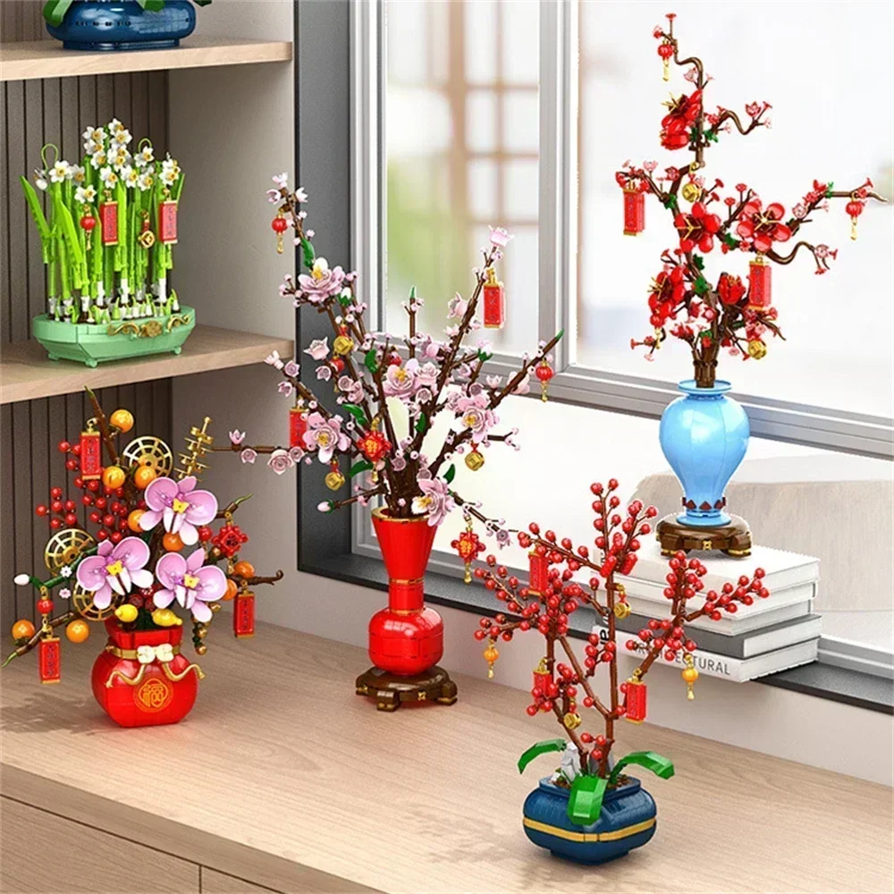 クリエイティブシティブーケ、桃の花、水仙、盆栽、鉢植え、ビル - Bonsai Garden Lego のレビューと価格