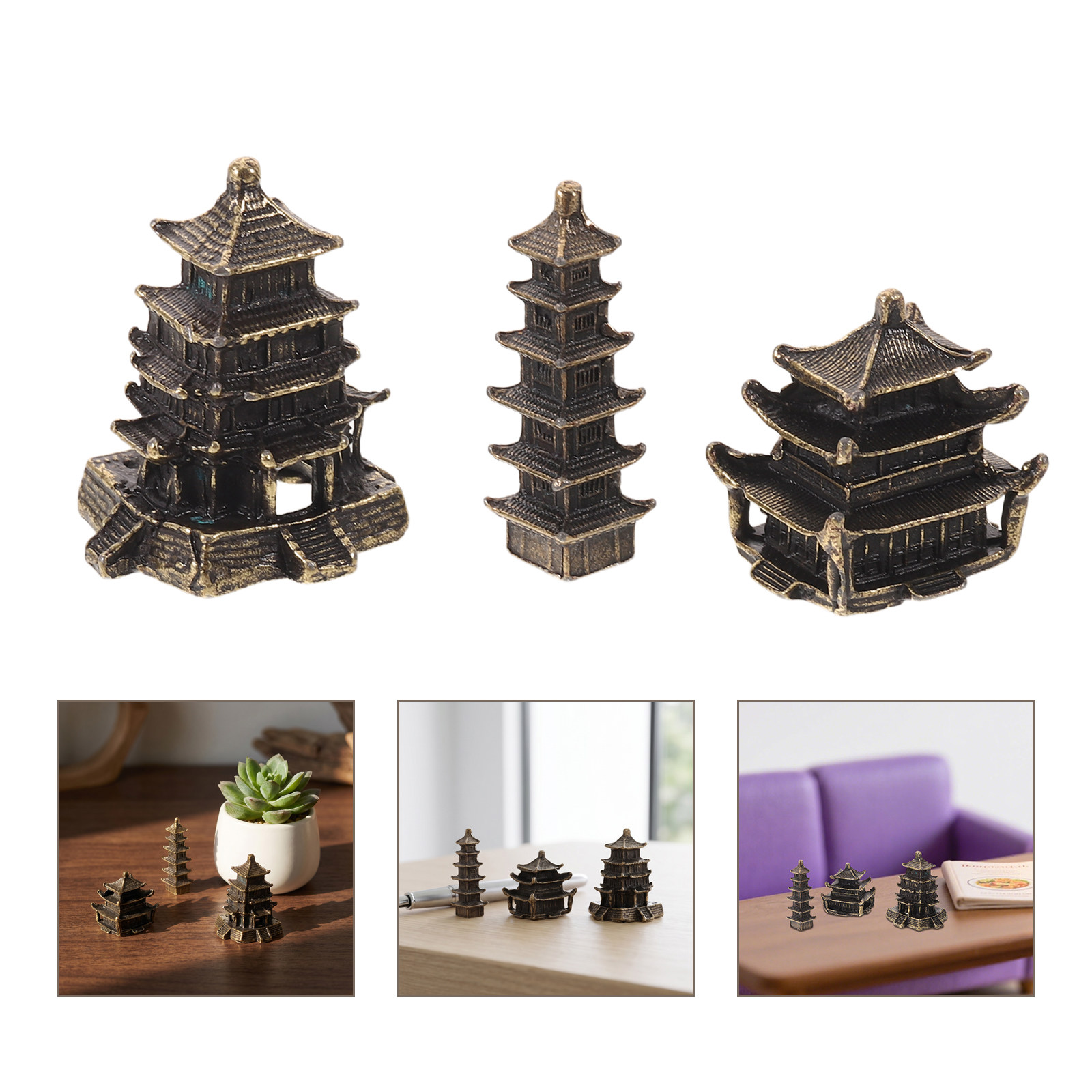 真鍮製風水塔型パビリオンデスクオーナメント3個セット、瞑想室 - Bonsai Garden Desk のレビューと価格